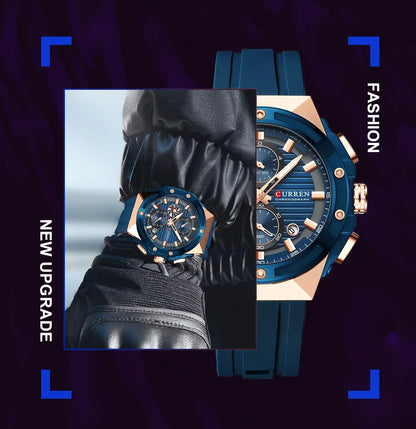 Relógio Masculino CURREN - Moda Esportes, Multifuncional, Cronógrafo com Pulseira de Silicone e Mostrador Luminoso