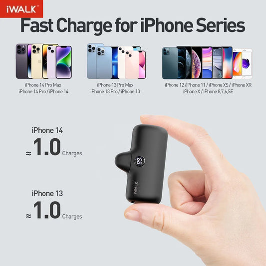IWALK Power Bank Portátil 4800mAh - Carregador Ultra Mini com Carga Rápida para iPhone e Dispositivos Móveis - Banco de Bateria Externo