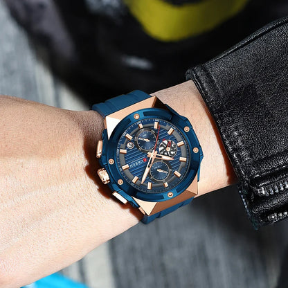Relógio Masculino CURREN - Moda Esportes, Multifuncional, Cronógrafo com Pulseira de Silicone e Mostrador Luminoso