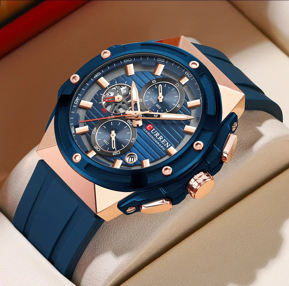 Relógio Masculino CURREN - Moda Esportes, Multifuncional, Cronógrafo com Pulseira de Silicone e Mostrador Luminoso