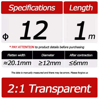 Tubo termo retrátil transparente, diâmetro 12mm - 30mm, 1 metro