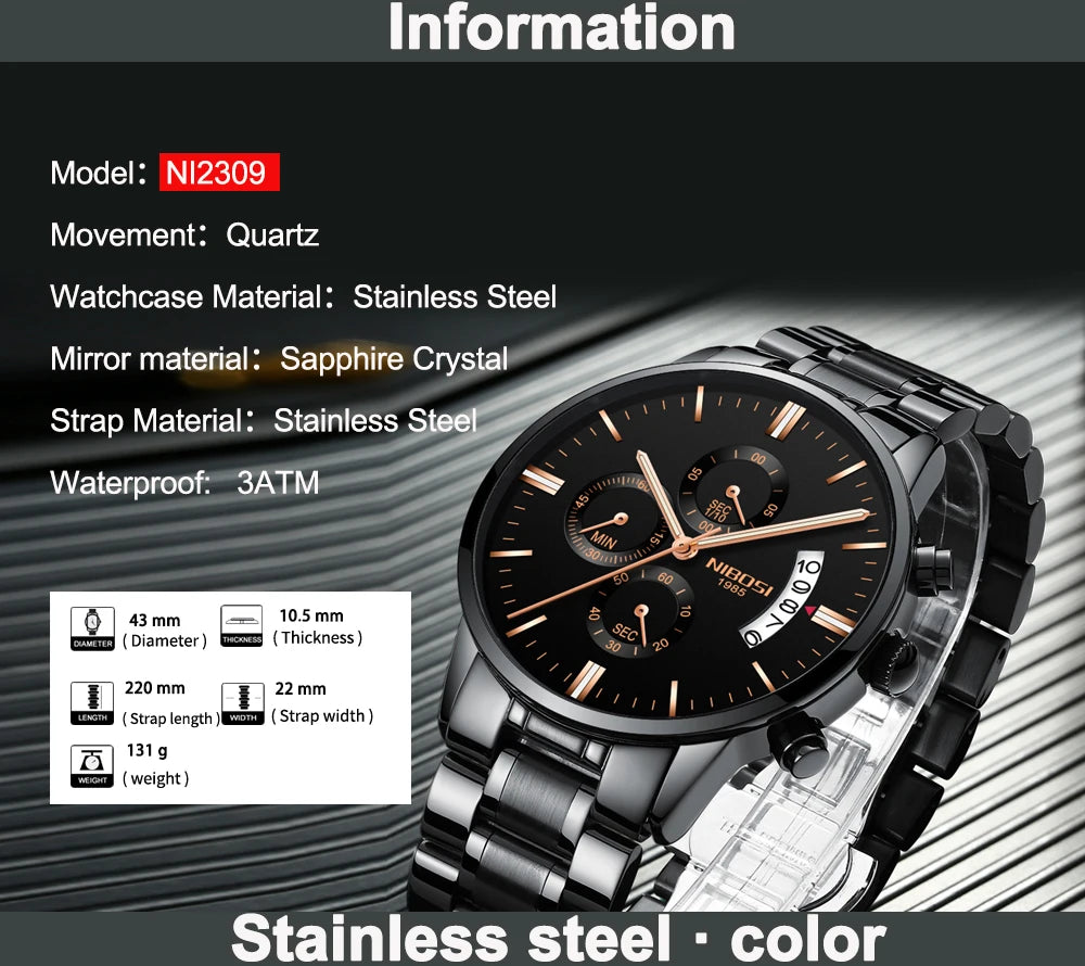 Nibosi relógios masculinos de luxo marca superior relogio masculino famoso moda casual vestido relógio militar quartzo relógios pulso saat