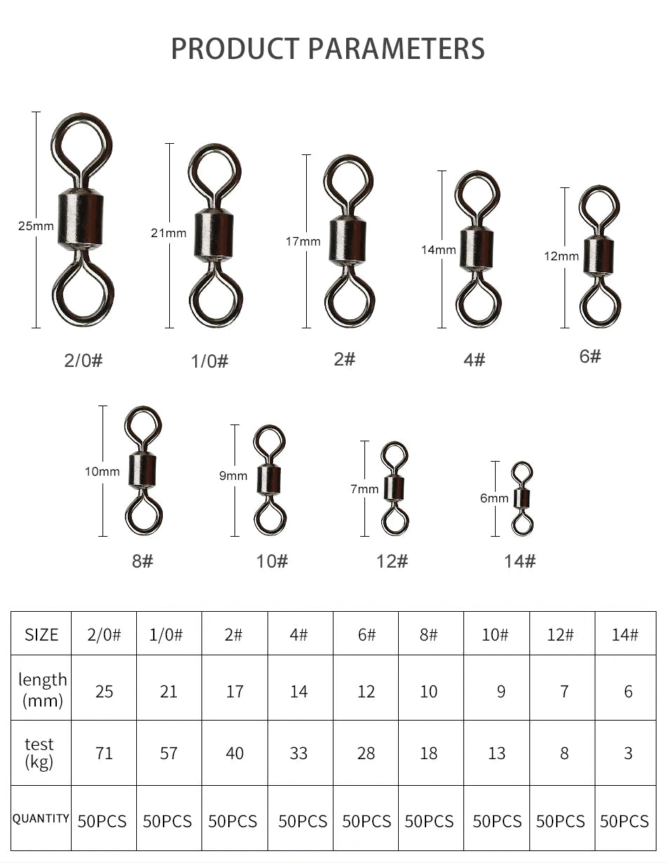 Girador para Pesca, aço inoxidável, conector sólido, 50Pcs.