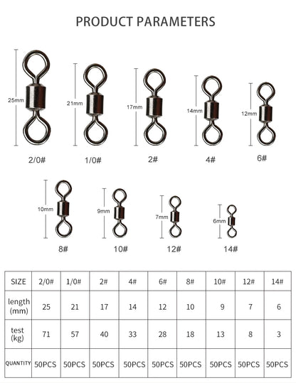 Girador para Pesca, aço inoxidável, conector sólido, 50Pcs.