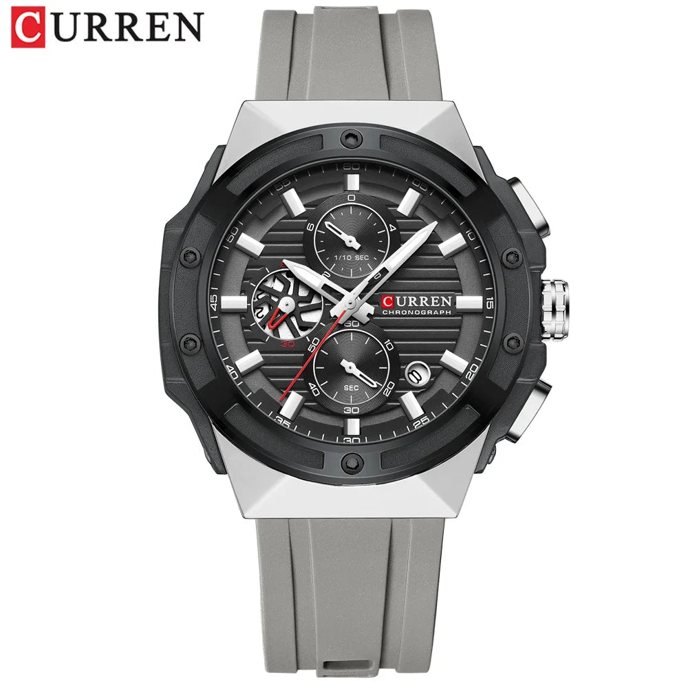 Relógio Masculino CURREN - Moda Esportes, Multifuncional, Cronógrafo com Pulseira de Silicone e Mostrador Luminoso