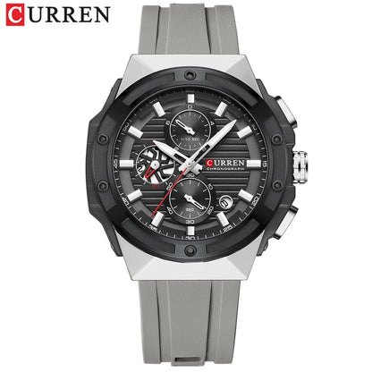 Relógio Masculino CURREN - Moda Esportes, Multifuncional, Cronógrafo com Pulseira de Silicone e Mostrador Luminoso