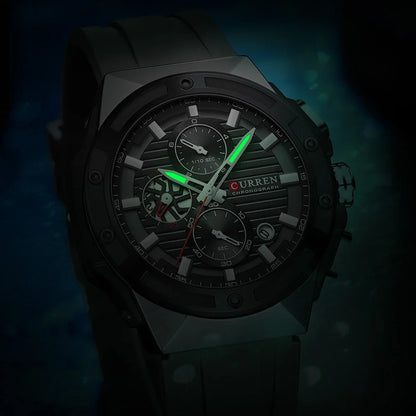 Relógio Masculino CURREN - Moda Esportes, Multifuncional, Cronógrafo com Pulseira de Silicone e Mostrador Luminoso