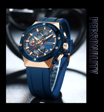 Relógio Masculino CURREN - Moda Esportes, Multifuncional, Cronógrafo com Pulseira de Silicone e Mostrador Luminoso