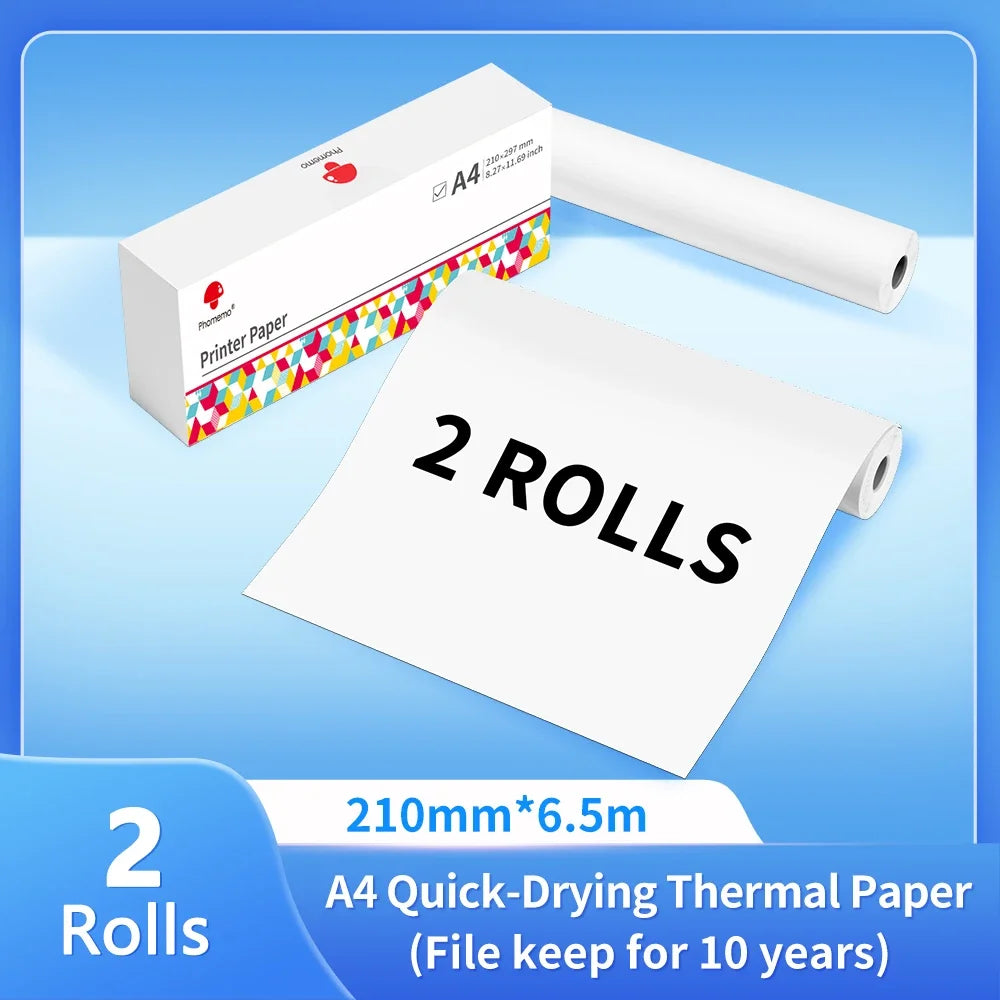 Phomemo M08F Impressora Térmica Portátil + Papel Térmico 50/80/110mm A4 Secagem Rápida - Compatível com M832/M834/M835 - Ideal para Estudo e Trabalho