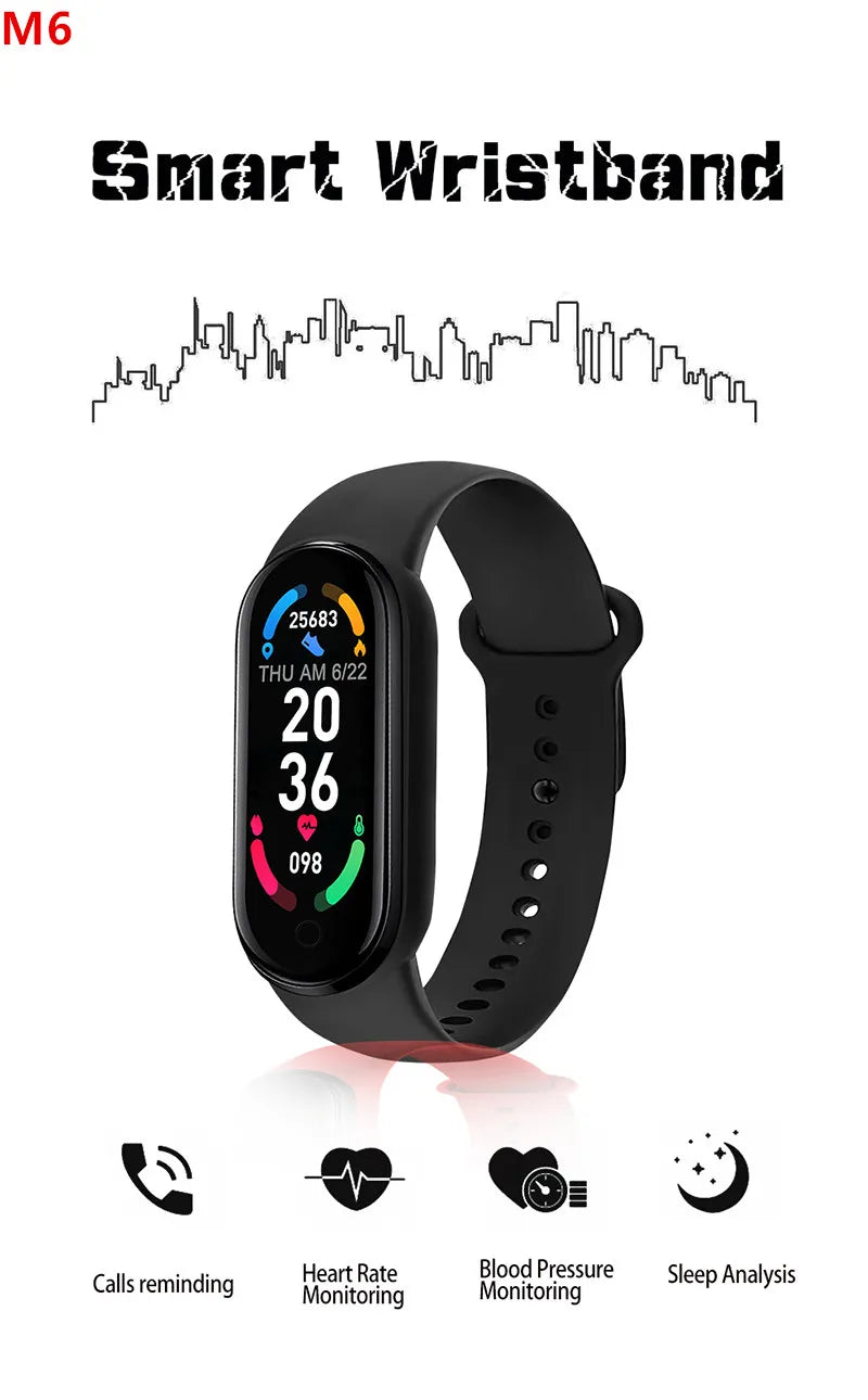 Pulseira Inteligente M6 Smomen para Fitness - Monitor de Frequência Cardíaca e Pressão Arterial - À Prova d'Água - Compatível com Mi Band 6 - Ideal para Homens e Mulheres