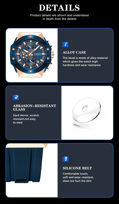 Relógio Masculino CURREN - Moda Esportes, Multifuncional, Cronógrafo com Pulseira de Silicone e Mostrador Luminoso