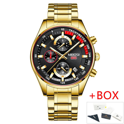 Relógio Masculino Nibosi Ouro Militar - Cronógrafo de Luxo em Aço Inoxidável com Movimento Quartzo