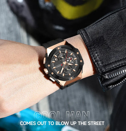 Relógio Masculino CURREN - Moda Esportes, Multifuncional, Cronógrafo com Pulseira de Silicone e Mostrador Luminoso