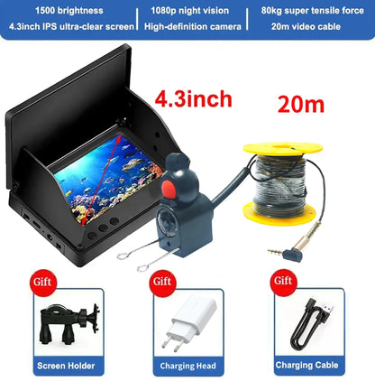 Localizador de peixe portátil, água profunda, 1080P 4,3 polegadas LCD Fish Finder subaquático 220 ° Câmera de pesca com visão noturna.