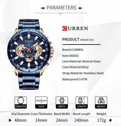 Relógio Masculino Curren 8363 - Aço Inoxidável, Luxuoso e Multifuncional com Movimento Quartzo