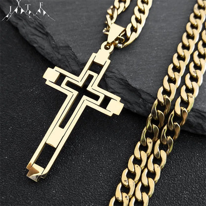 Colar Hip Hop de Cruz – Corrente Longa de Aço Inoxidável Banhada a Ouro – Joias Modernas para Homens e Mulheres 2025