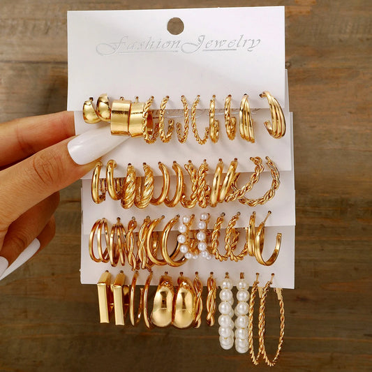 Conjunto de 48 Peças de Brincos Boho – Grandes Brincos de Círculo, Brincos de Pérola, Coração e Zircão – Joias Vintage para Mulheres, Cor de Ouro
