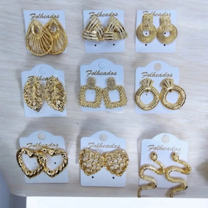 Kit 12 pares de brincos folheados a ouro bijuteria feminino tendência moda elegante modelos sortidos
