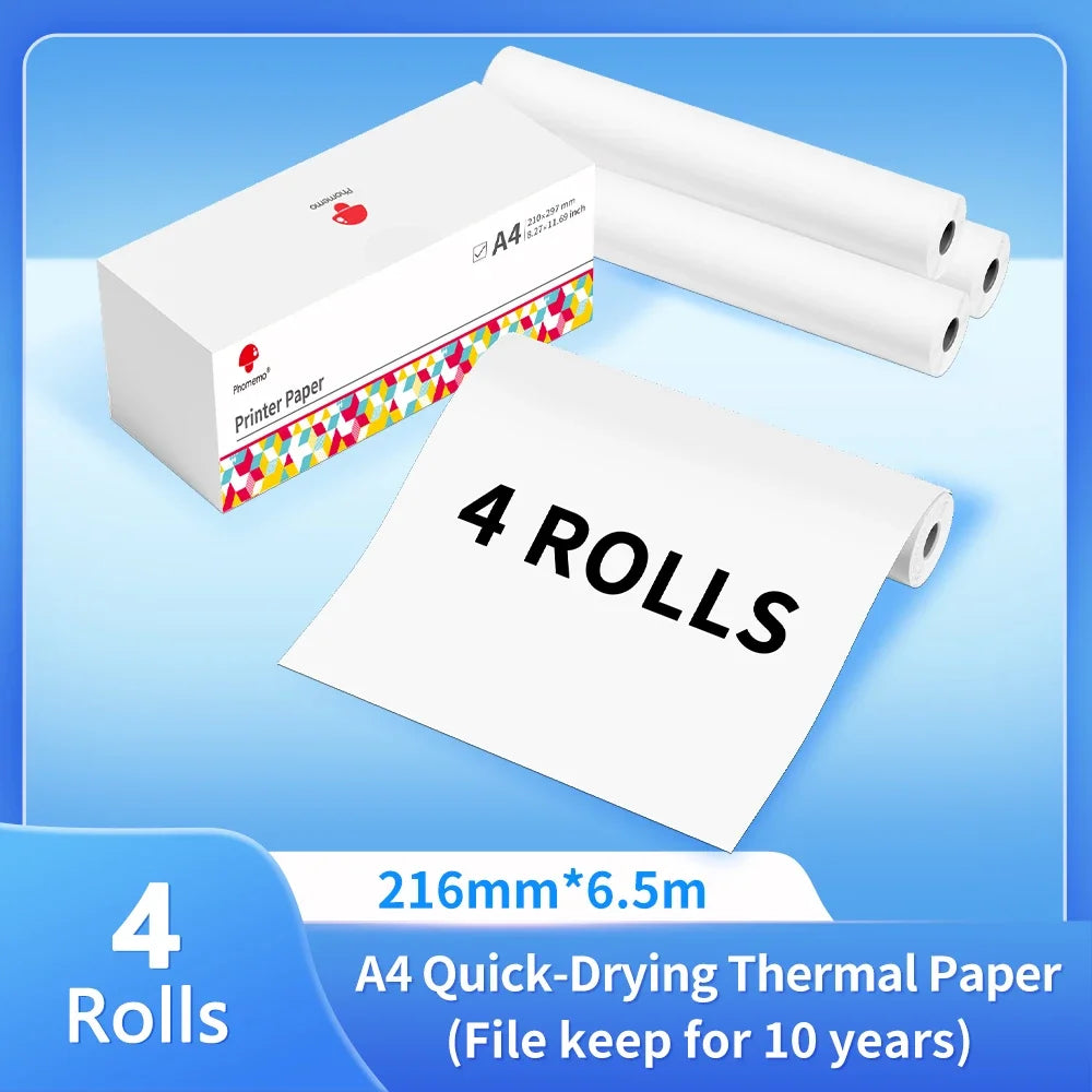 Phomemo M08F Impressora Térmica Portátil + Papel Térmico 50/80/110mm A4 Secagem Rápida - Compatível com M832/M834/M835 - Ideal para Estudo e Trabalho