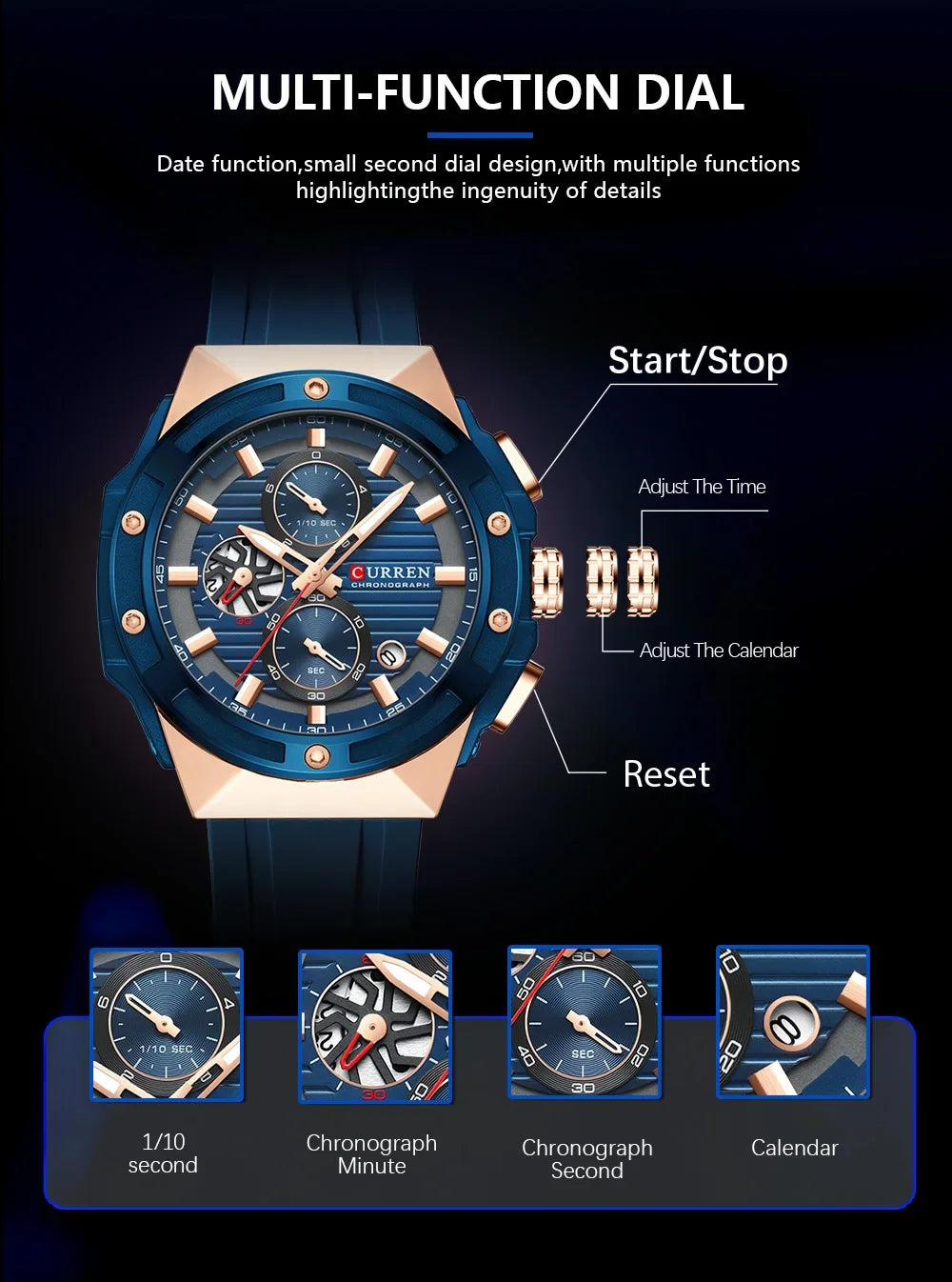 Relógio Masculino CURREN - Moda Esportes, Multifuncional, Cronógrafo com Pulseira de Silicone e Mostrador Luminoso