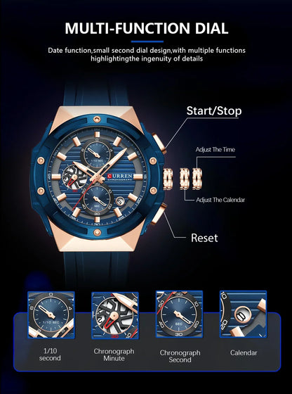 Relógio Masculino CURREN - Moda Esportes, Multifuncional, Cronógrafo com Pulseira de Silicone e Mostrador Luminoso
