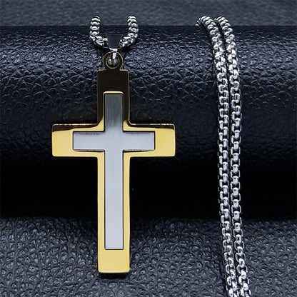 Cruz de Aço Inoxidável – Gargantilha Colar para Homem Banhada a Ouro – Joias Masculinas com Corrente Estilosa (Modelo N1173S02)