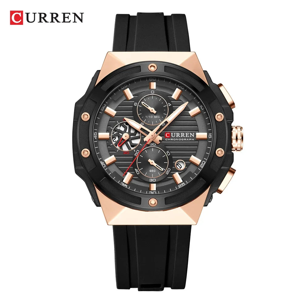 Relógio Masculino CURREN - Moda Esportes, Multifuncional, Cronógrafo com Pulseira de Silicone e Mostrador Luminoso