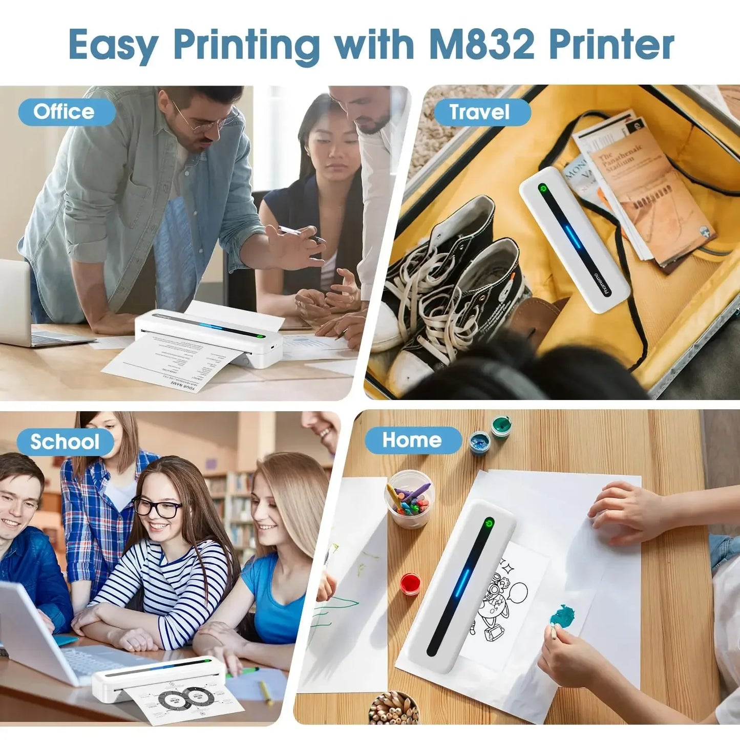 Phomemo M08F Impressora Térmica Portátil + Papel Térmico 50/80/110mm A4 Secagem Rápida - Compatível com M832/M834/M835 - Ideal para Estudo e Trabalho