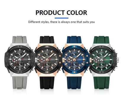 Relógio Masculino CURREN - Moda Esportes, Multifuncional, Cronógrafo com Pulseira de Silicone e Mostrador Luminoso