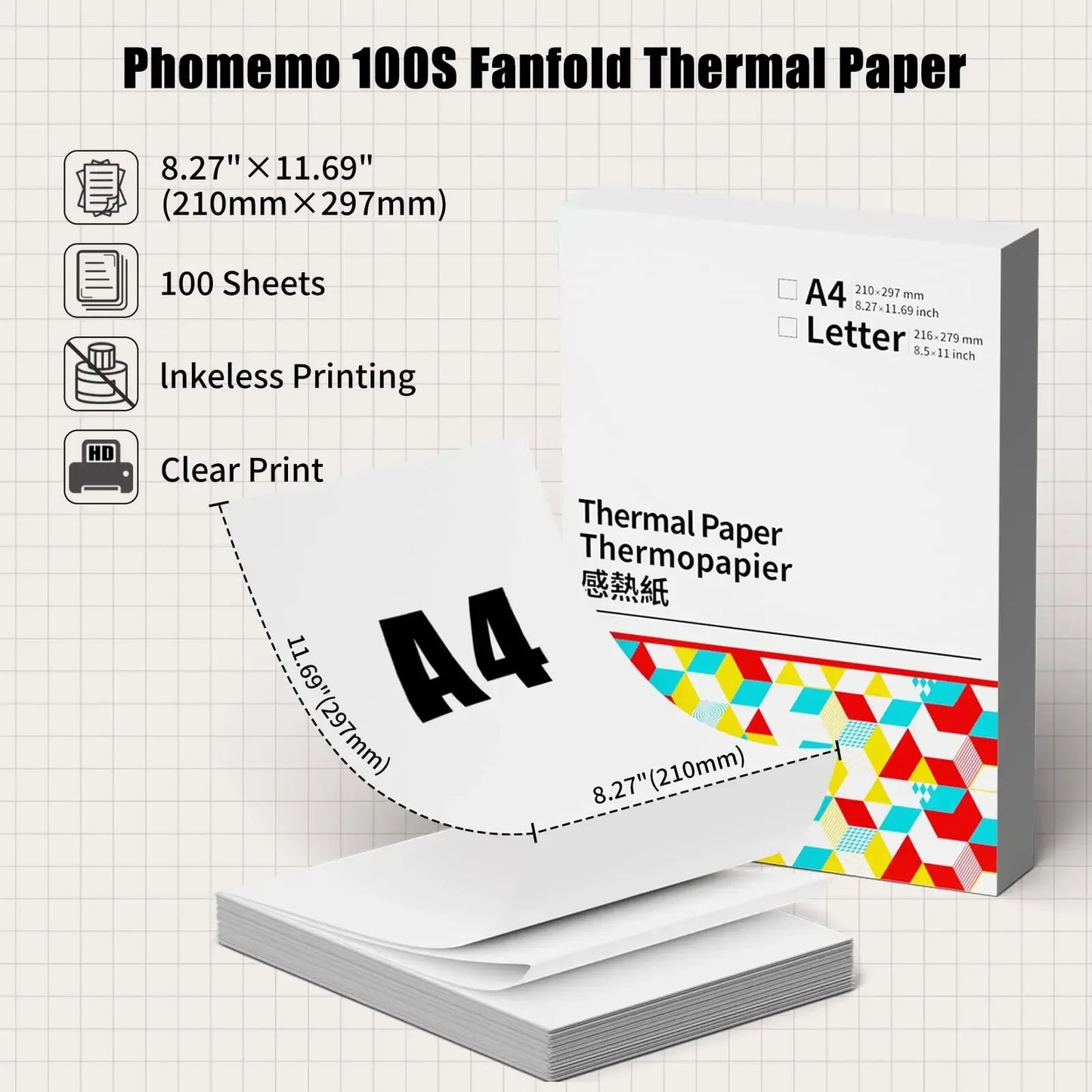 Phomemo M08F Impressora Térmica Portátil + Papel Térmico 50/80/110mm A4 Secagem Rápida - Compatível com M832/M834/M835 - Ideal para Estudo e Trabalho