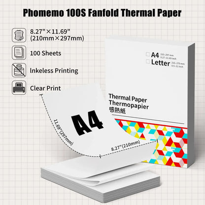 Phomemo M08F Impressora Térmica Portátil + Papel Térmico 50/80/110mm A4 Secagem Rápida - Compatível com M832/M834/M835 - Ideal para Estudo e Trabalho