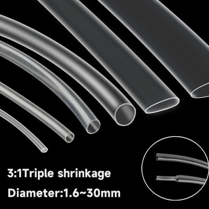 Tubo termo retrátil transparente, diâmetro 1,6mm - 30mm, 1 metro.