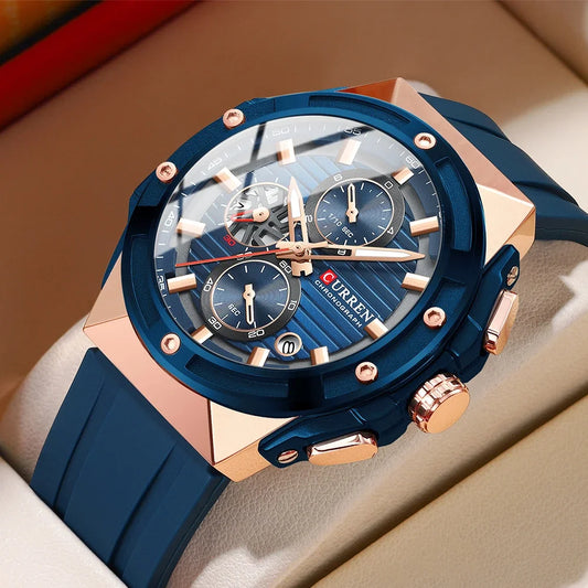 Relógio Masculino CURREN - Moda Esportes, Multifuncional, Cronógrafo com Pulseira de Silicone e Mostrador Luminoso