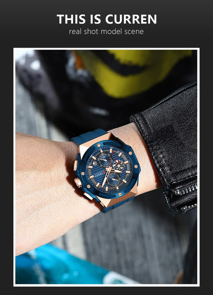 Relógio Masculino CURREN - Moda Esportes, Multifuncional, Cronógrafo com Pulseira de Silicone e Mostrador Luminoso