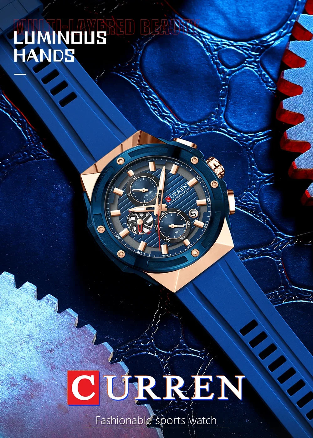 Relógio Masculino CURREN - Moda Esportes, Multifuncional, Cronógrafo com Pulseira de Silicone e Mostrador Luminoso