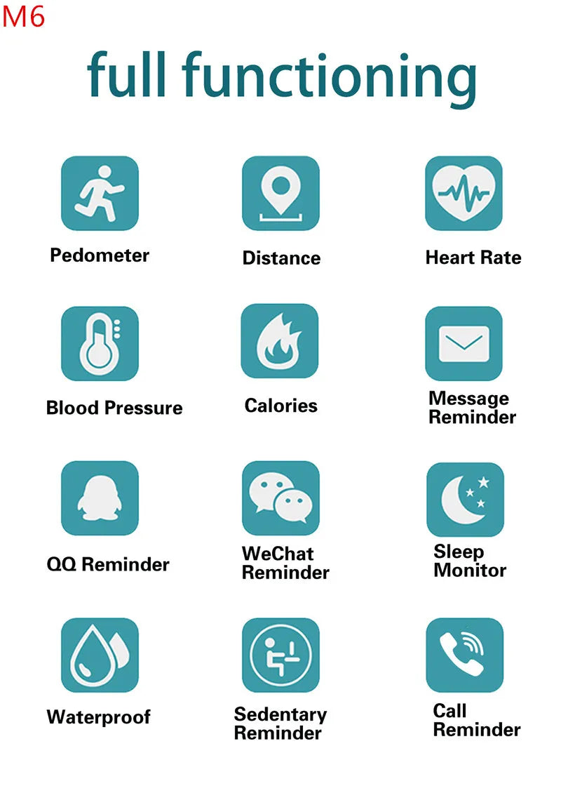 Pulseira Inteligente M6 Smomen para Fitness - Monitor de Frequência Cardíaca e Pressão Arterial - À Prova d'Água - Compatível com Mi Band 6 - Ideal para Homens e Mulheres