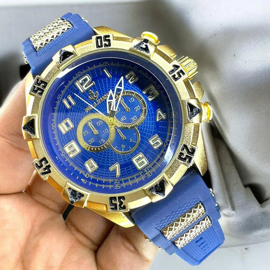 Relógio Masculino de Metal Dourado Pulseira de borracha Azul prova d'agua