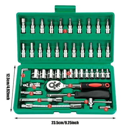 46 peças conjunto de chave de catraca de soquete de unidade de 1/4 de polegada, com conjunto de soquete de broca métrica e barra de extensão para reparo de automóveis