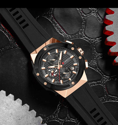 Relógio Masculino CURREN - Moda Esportes, Multifuncional, Cronógrafo com Pulseira de Silicone e Mostrador Luminoso