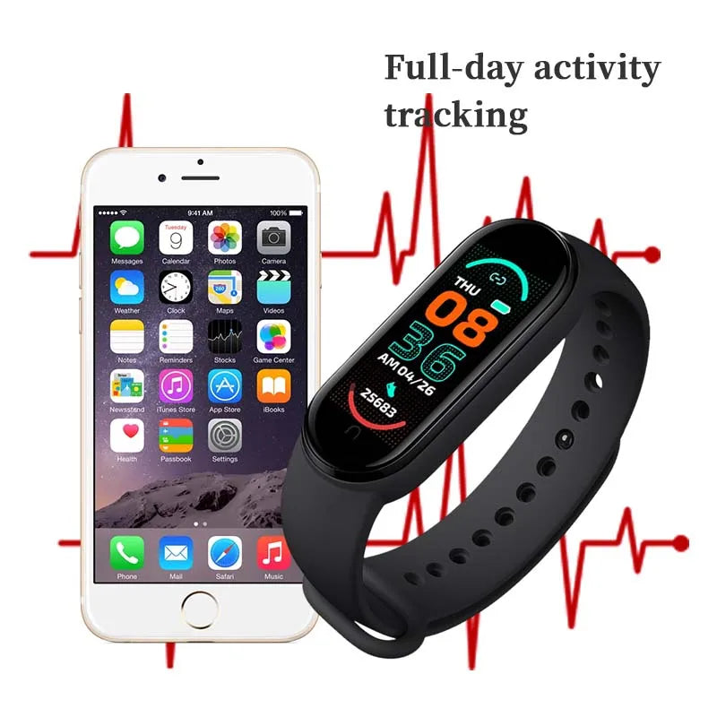 Pulseira Inteligente M6 Smomen para Fitness - Monitor de Frequência Cardíaca e Pressão Arterial - À Prova d'Água - Compatível com Mi Band 6 - Ideal para Homens e Mulheres