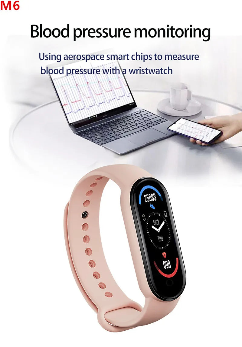 Pulseira Inteligente M6 Smomen para Fitness - Monitor de Frequência Cardíaca e Pressão Arterial - À Prova d'Água - Compatível com Mi Band 6 - Ideal para Homens e Mulheres