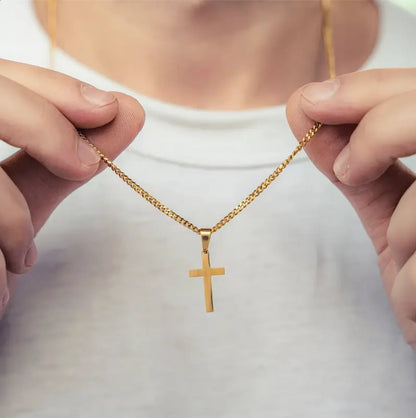 Colar Masculino de Pingente de Cruz – Corrente Cubana Banhada a Ouro em Aço Inoxidável – Design Exclusivo para Homens e Mulheres