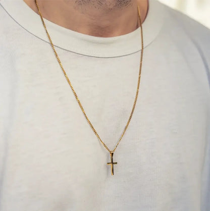 Colar Masculino de Pingente de Cruz – Corrente Cubana Banhada a Ouro em Aço Inoxidável – Design Exclusivo para Homens e Mulheres