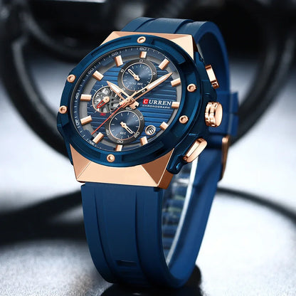 Relógio Masculino CURREN - Moda Esportes, Multifuncional, Cronógrafo com Pulseira de Silicone e Mostrador Luminoso