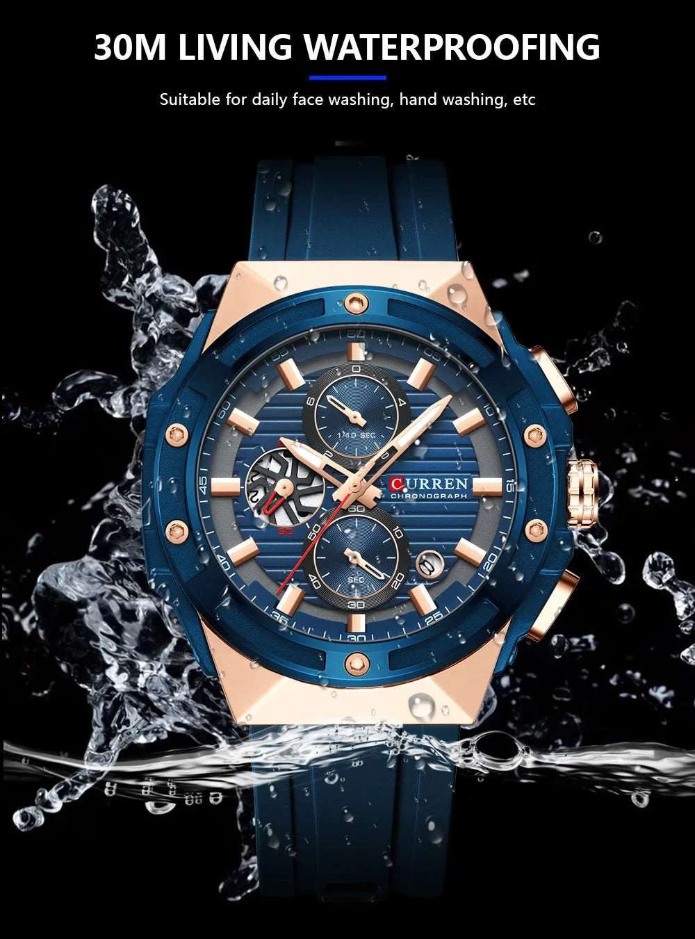 Relógio Masculino CURREN - Moda Esportes, Multifuncional, Cronógrafo com Pulseira de Silicone e Mostrador Luminoso