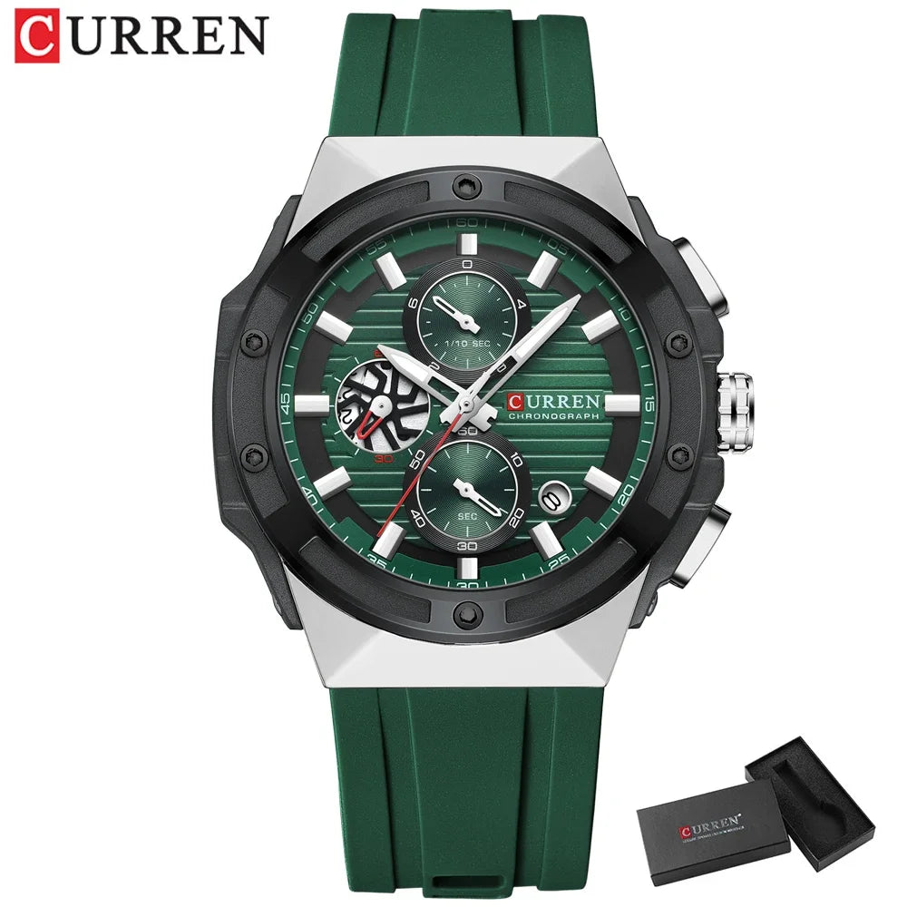 Relógio Masculino CURREN - Moda Esportes, Multifuncional, Cronógrafo com Pulseira de Silicone e Mostrador Luminoso