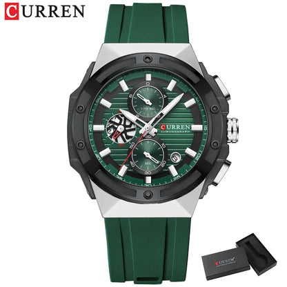 Relógio Masculino CURREN - Moda Esportes, Multifuncional, Cronógrafo com Pulseira de Silicone e Mostrador Luminoso