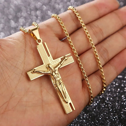 Colar Criativo com Pingente de Cruz de Jesus Cristo – Design Religioso Simples e Elegante para Homens e Mulheres