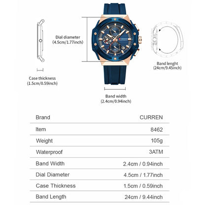 Relógio Masculino CURREN - Moda Esportes, Multifuncional, Cronógrafo com Pulseira de Silicone e Mostrador Luminoso