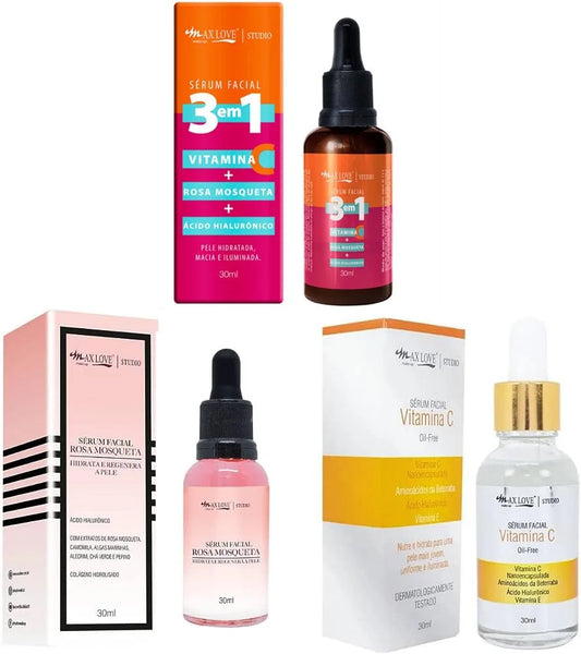 Kit c/ 3 Sérum Max Love Vitamina C + Sérum 3 em 1 + Sérum Rosa Mosqueta